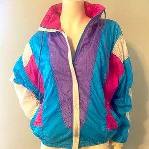 80’s Track Jacket Women’s Size S Oversized Hot Pink Purple Blue White Light